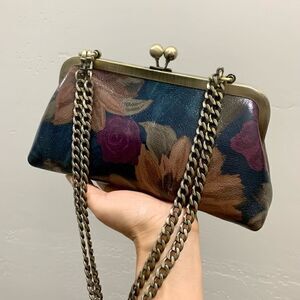 Handmade Genuine Full Grain Leather Floral Printed, Kiss-lock Clutch/Crossbody